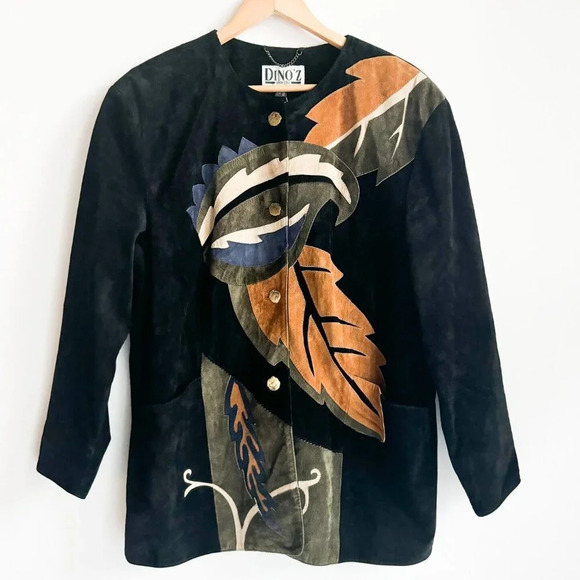 Vintage Dino'z Suede Leaf Print Patchwork Jacket 8 - Picture 1 of 7